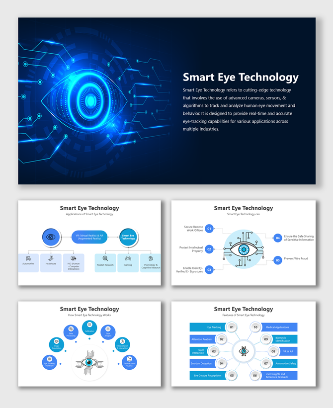 Smart eye technology slides featuring a blue digital eye, circuits, and descriptive text about eye-tracking technology.
