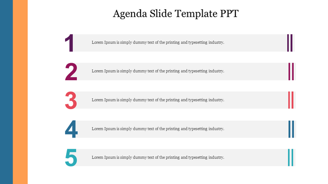Agenda slide featuring numbered sections and placeholder text for detailed descriptions of agenda items.