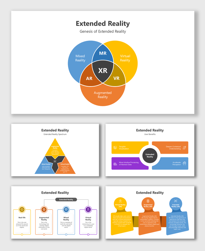 Extended Reality visuals depict AR, VR, MR concepts, user advantages, and real-life uses in vibrant and organized layouts.