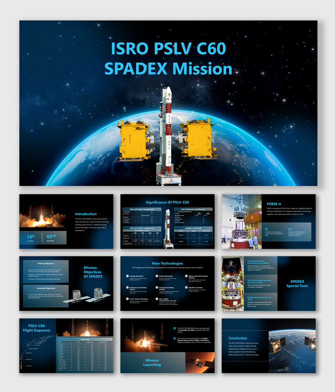 ISRO PSLV C60 SPADEX Mission deck showcases vibrant visuals of the rocket launch, POEM-4 module, and docking mechanisms.