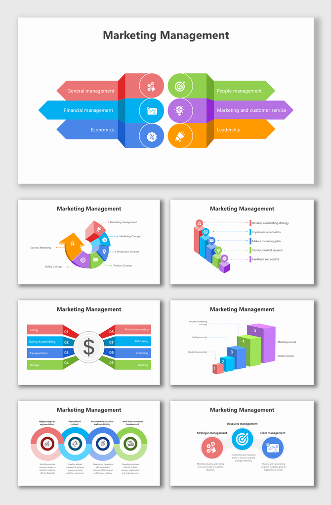 The marketing management slide has shapes, icons, and text showcasing general, financial, and people management concepts.