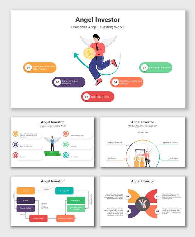 Angel Investor presentation with colorful icons, steps like funding and exit strategy, vibrant shapes, and engaging visuals.
