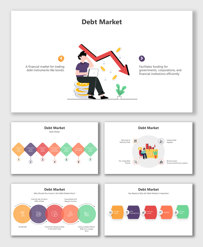 Debt Market PPT with a declining arrow, funding concepts, bonds, pastel colors, hexagonal process flow, and financial icons.