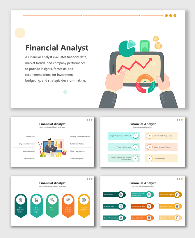 Financial Analyst overview, highlighting roles, responsibilities, skills, and types in colorful, structured slides.