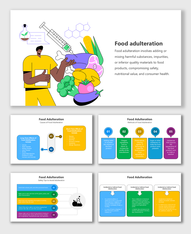 Food Adulteration overview with colorful icons explaining causes, safety tips, and adulteration methods in food products.