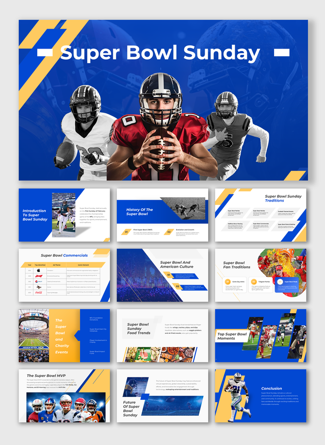 Super Bowl Sunday slide deck with colorful design, covering history, traditions, food trends, and key moments of the event.
