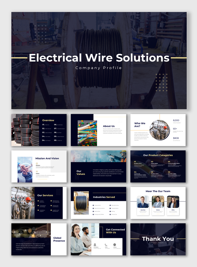 Electrical wire solutions company profile showing company overview, services, values, products, team, and global presence.