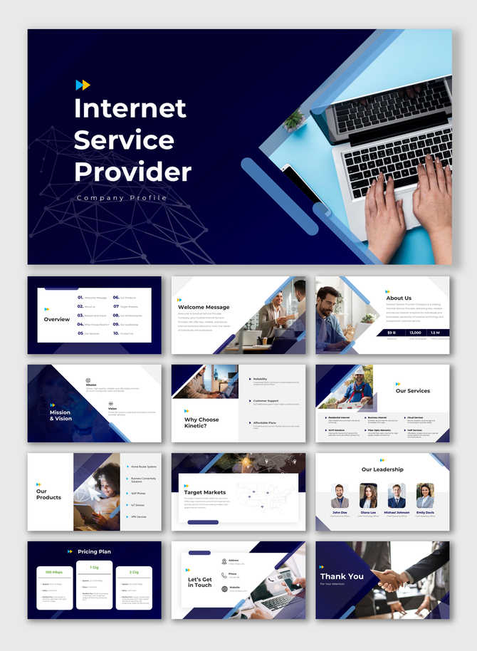 Internet service provider company profile with overview, services, leadership, mission, vision, and pricing in blue design.