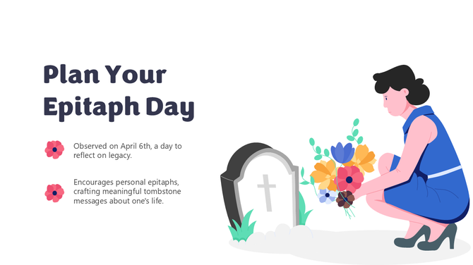 Plan Your Epitaph Day image showing a person at a grave site with flowers, reflecting on legacy and tombstone messages.