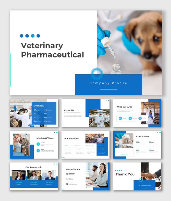 Veterinary Pharmaceutical Company Profile with a blue and white design, highlighting solutions, leadership, and core values.
