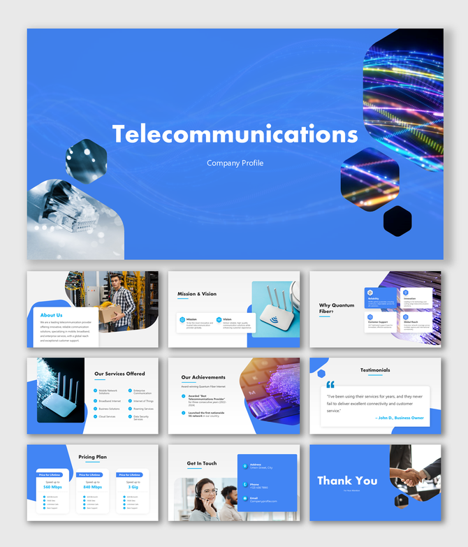 Telecommunications company profile slides with blue design, showcasing services, achievements, pricing plans, and mission.