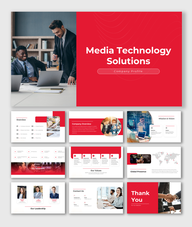 Media technology solutions company profile with red and white theme, showcasing services, leadership, and company overview.