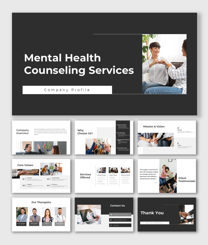 Mental health counseling services slides featuring mission, services, therapists, and client testimonials in black and white.