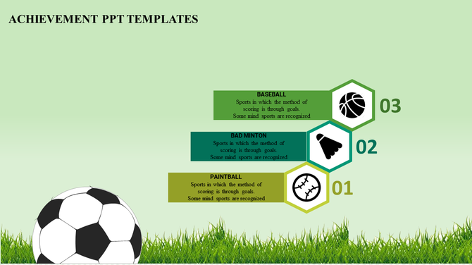 Achievement-themed sports layout with hexagonal icons for paintball, badminton, and basketball over a grassy background.