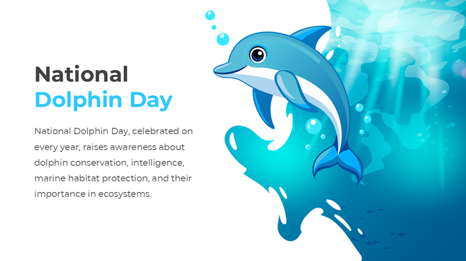 National Dolphin Day, with an animated dolphin in ocean waters, promoting dolphin conservation and marine habitat protection.