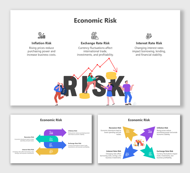 Overview of Economic Risk, featuring Inflation, Exchange Rate, and Interest Rate risks with colorful arrows and icons.