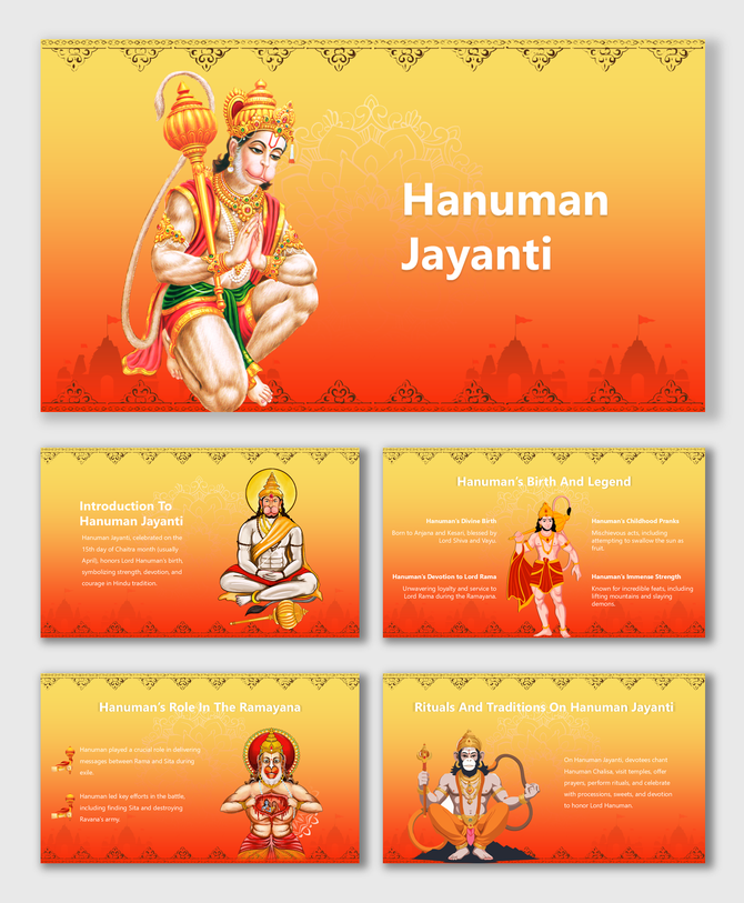 Hanuman Jayanti slides with images, birth, role in Ramayana, rituals, and traditions on a vibrant gradient background.