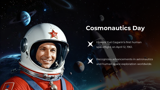 Cosmonautics Day celebrates Yuri Gagarin's first spaceflight in 1961 with a space-themed background and astronaut image.