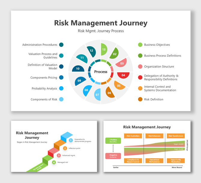 Risk Management Journey visual with color-coded stages, covering process, business objectives, and risk definitions.