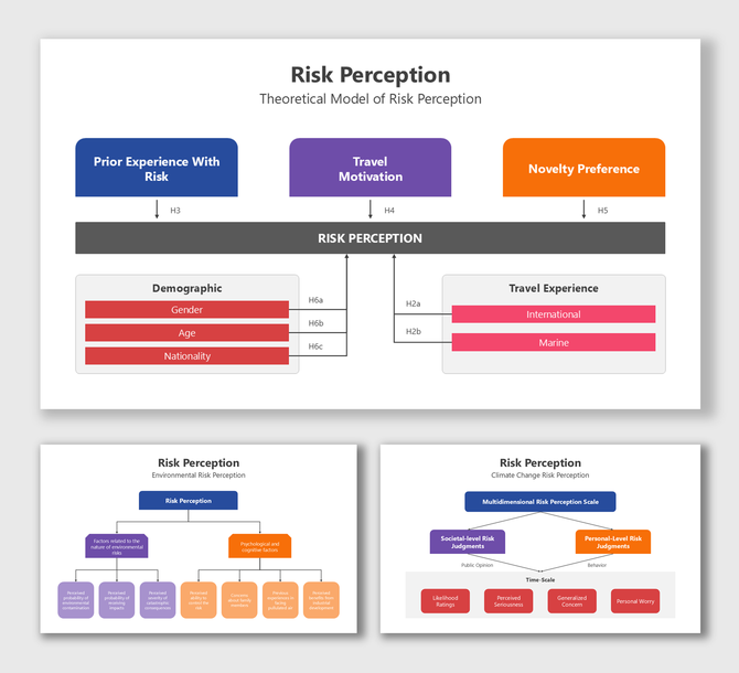 Risk Perception slides with colored flowcharts, text boxes showing demographics, travel, and psychological factors.