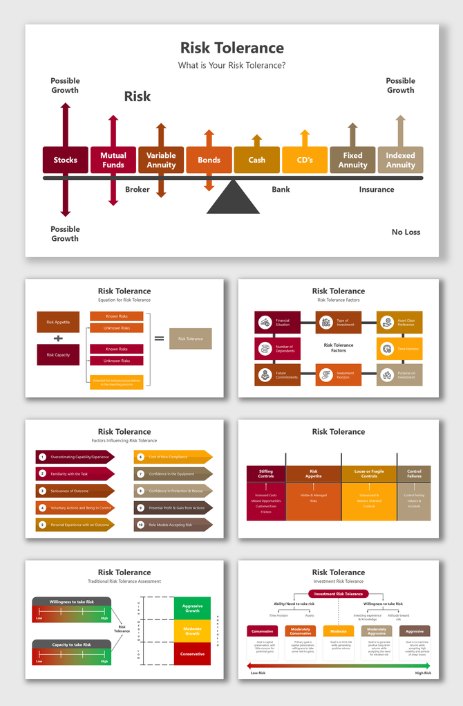 Risk Tolerance chart showing investment categories from stocks to insurance, with risk levels and influencing factors.