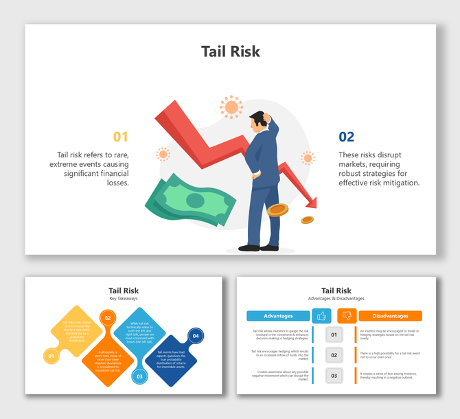 Tail risk shown with graphs and icons illustrating its impact, rare occurrences, and strategies for risk mitigation.