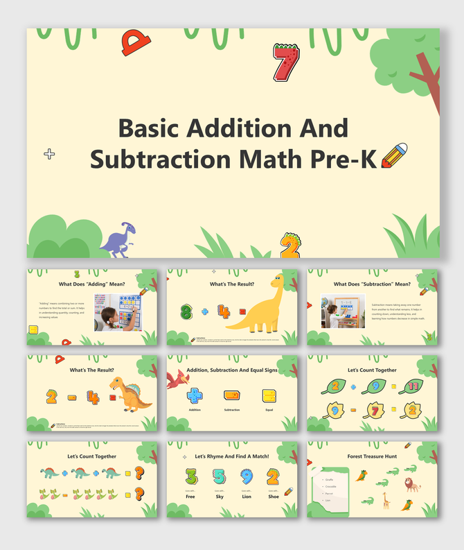 Basic Addition And Subtraction Math Pre-K with colorful dinosaur illustrations and simple math exercises for young learners.
