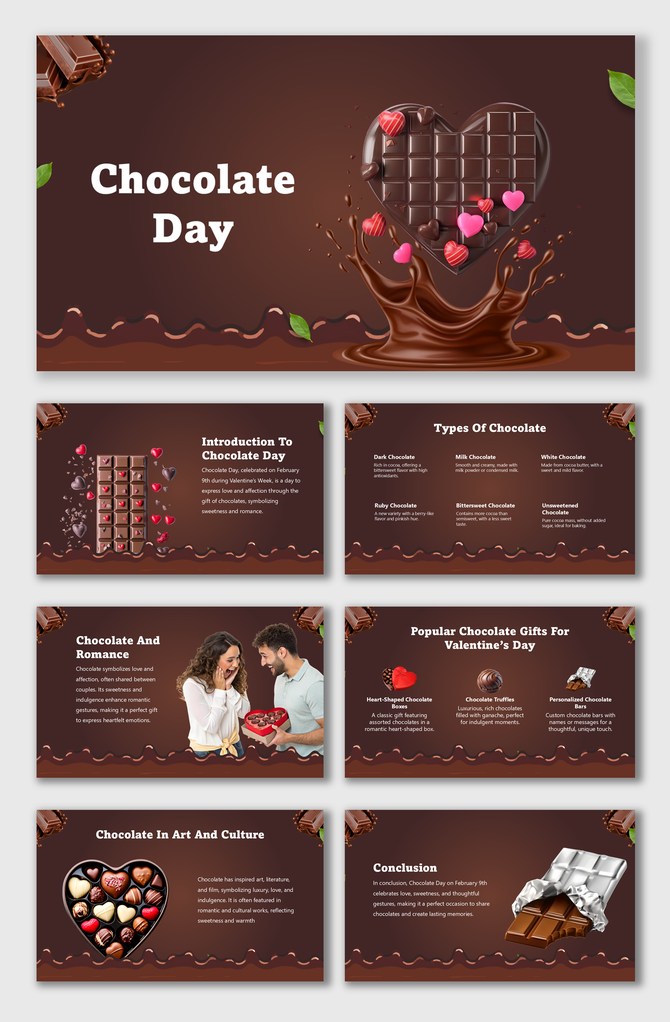 Chocolate Day slides with heart chocolates, melting chocolate, Valentine’s gifts, cultural impact, and a rich brown theme.