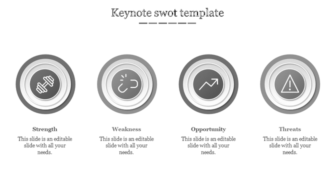 Keynote SWOT PPT template with grey circular icons each with a corresponding icon and placeholder text on a white theme.