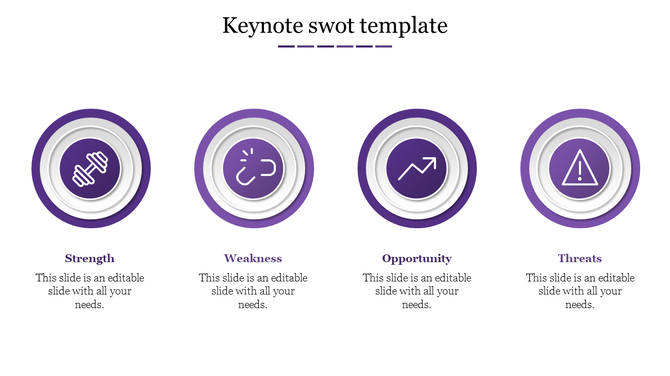 Keynote SWOT PPT template with purple circular icons each with a corresponding icon and placeholder text on a white theme.