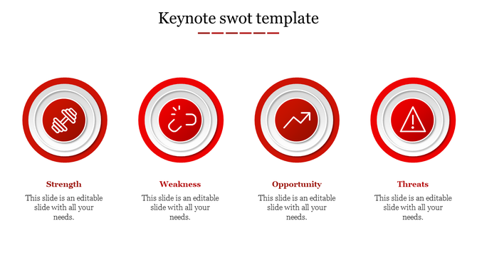 Business SWOT analysis slide with red circular icons for Strength, Weakness, Opportunity, and Threats, arranged in a row.