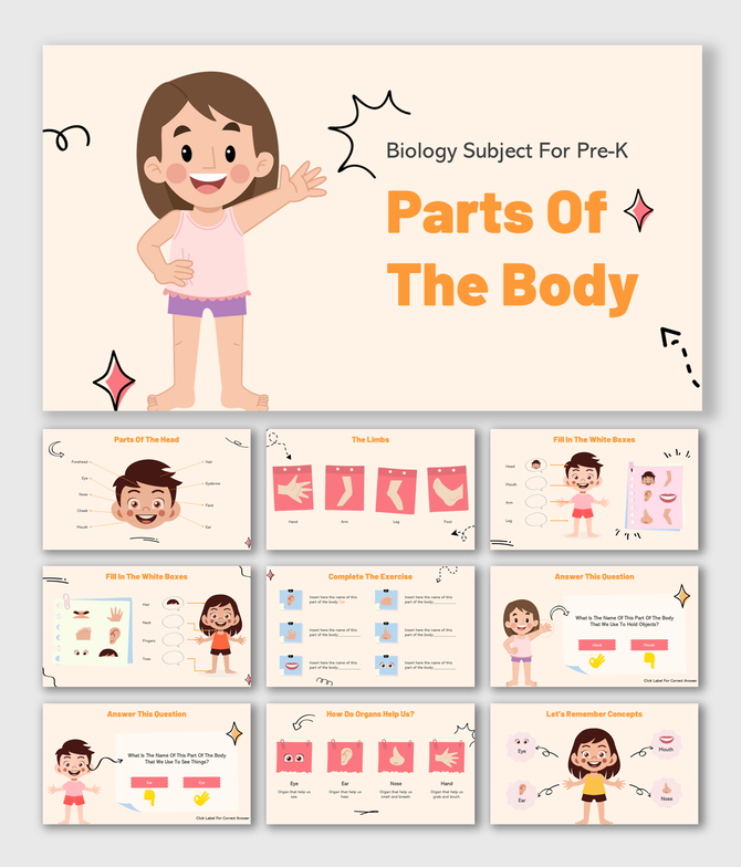 Biology Subject For Pre-K Parts Of The Body with interactive exercises and colorful illustrations of body parts and organs.