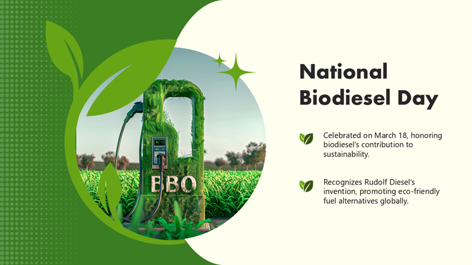 National Biodiesel Day slide with a fuel pump, green leaves, eco-friendly icons, bold fonts, and sustainability facts.