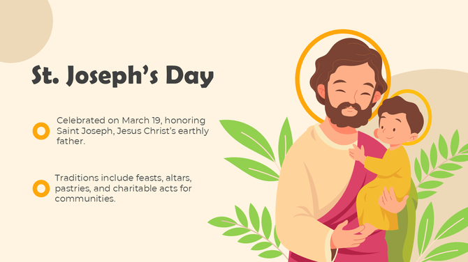 St Josephs Day slide with Saint Joseph holding baby Jesus, golden halos, green leaves, beige background, and bold black text.