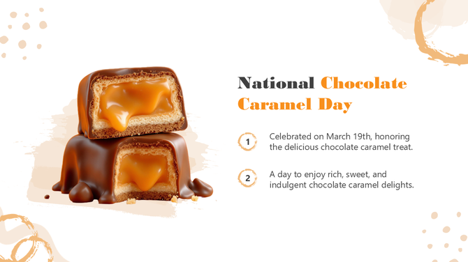 National Chocolate Caramel Day slide with caramel-filled chocolates, beige background, gold accents, and bold black text.