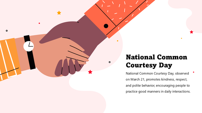 National Common Courtesy Day slide with a handshake vector, warm colors, abstract shapes, and text on a light background.