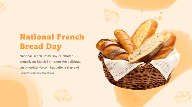 National French Bread Day slide with a basket of crispy baguettes, beige background, bakery icons, and warm orange text.