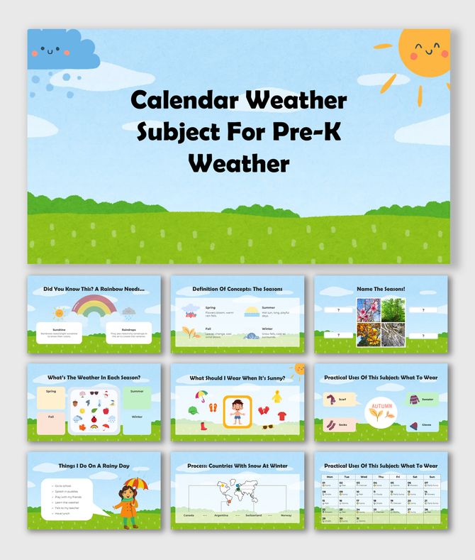 Calendar Weather Subject For Pre-K Weather with cute icons, seasons, clothes guide, rainy-day fun, and a weather chart.