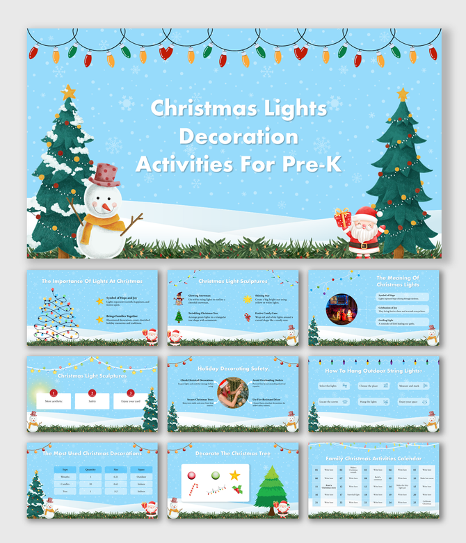 Christmas Lights Decoration Activities For Pre-K with Santa, snowman, lights, tree decor, safety tips, and holiday fun.