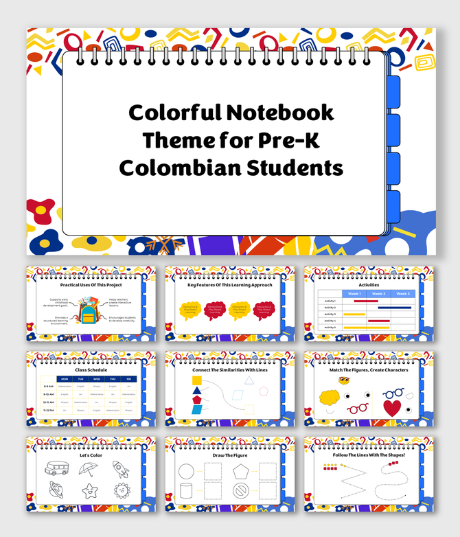 Colorful Notebook Theme For Pre-K Colombian Students with bright patterns, spiral notebook design, and fun learning tasks.