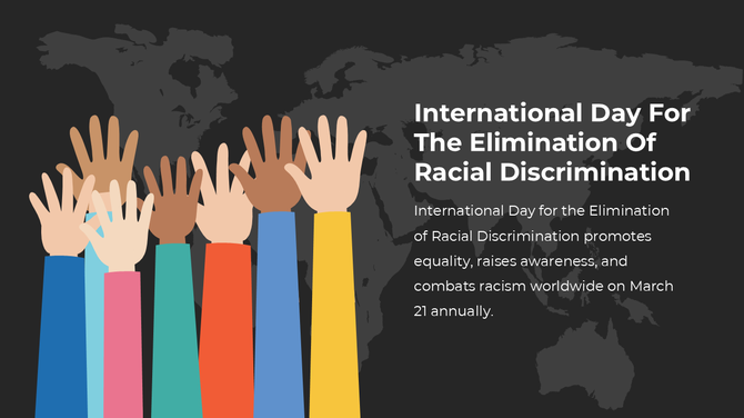 International Day for the elimination of racial discrimination slide with raised diverse hands, dark world map, and text.