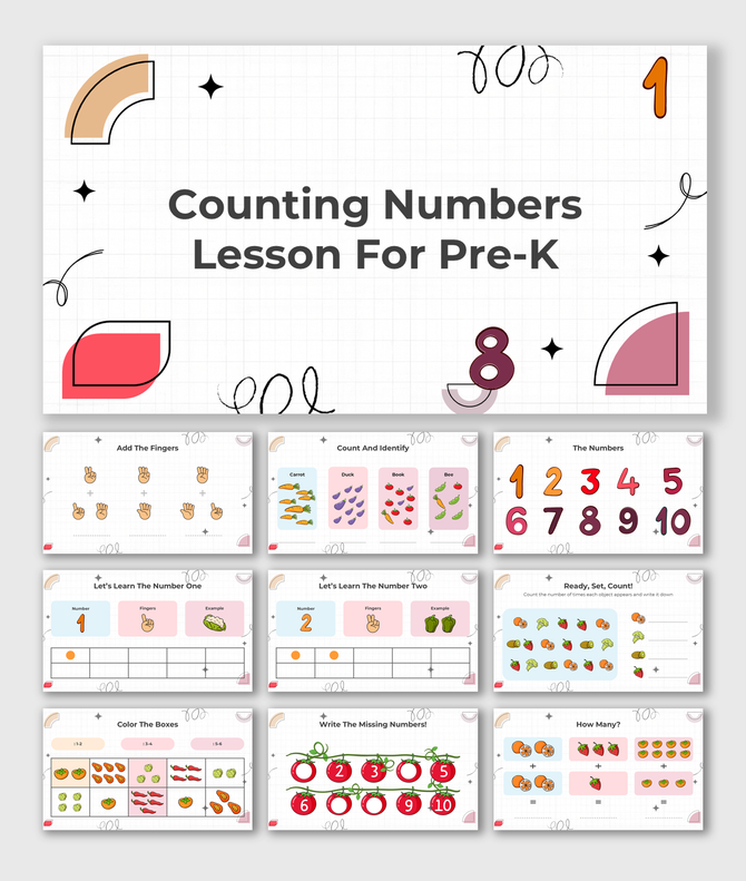 Counting Numbers Lesson For Pre-K with colorful numbers, finger counting, object identification, and fun math activities.