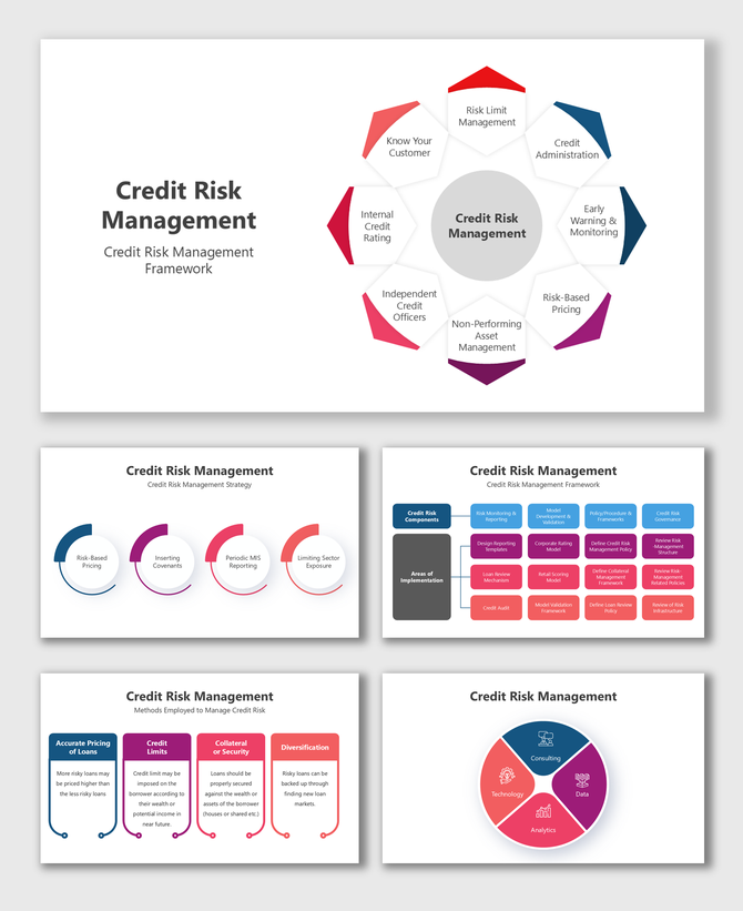 Credit risk management framework with strategies, pricing, analytics, and governance in a structured slide design.