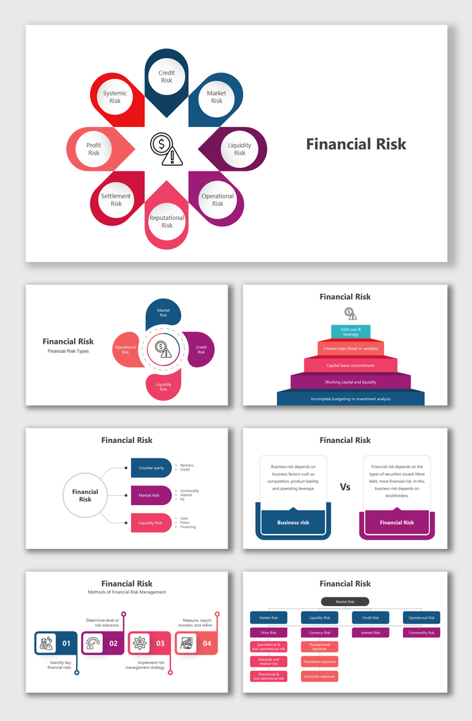 Financial Risk overview with risk types, management methods, and strategies using colorful charts and diagrams.