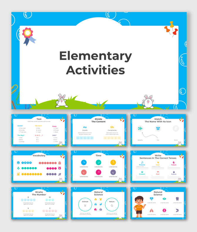 Elementary Activities slide deck with a blue theme, cute rabbits, and fun exercises in vocabulary, math, time, and science.