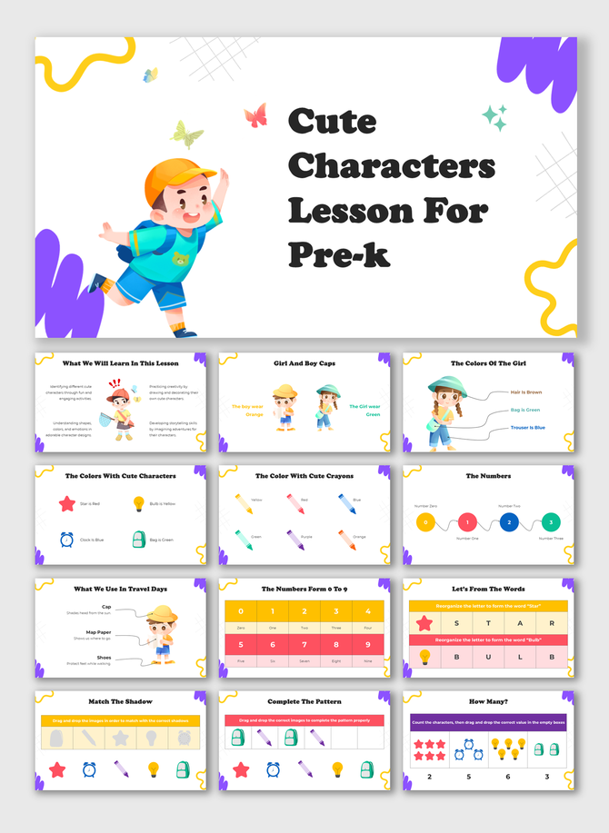 Cute characters lesson for Pre-K with colorful visuals, numbers, patterns, matching, and fun activities for early learning.