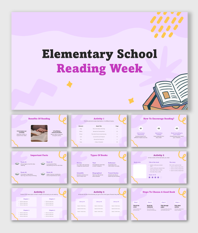 Elementary school reading week slides with a purple theme, reading activities, book types, and reading encouragement tips.