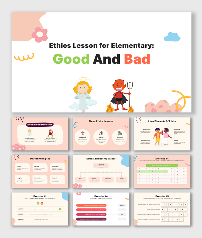 Ethics lesson for elementary good and bad with angel and devil icons, ethical values, and interactive exercises.