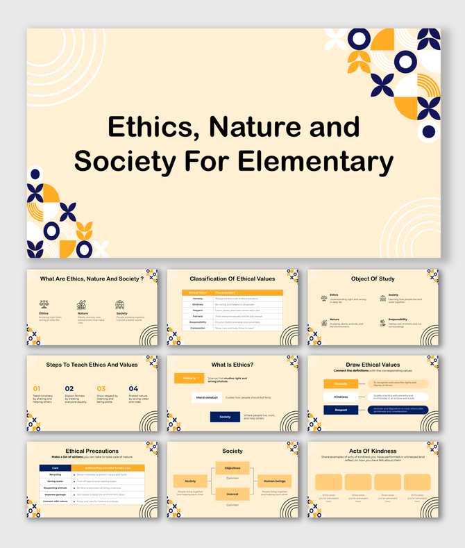 Ethics nature and society for elementary slides with ethical values, society, precautions, and interactive activities.