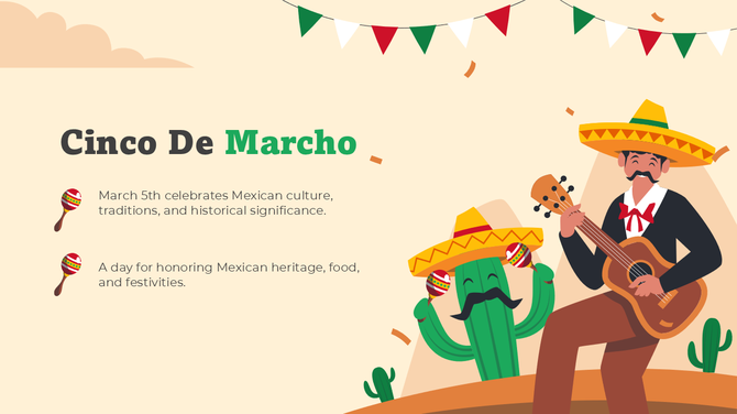 Cinco De Marcho slide with cactus, man in sombrero playing guitar, maracas, and festive Mexican flag bunting.